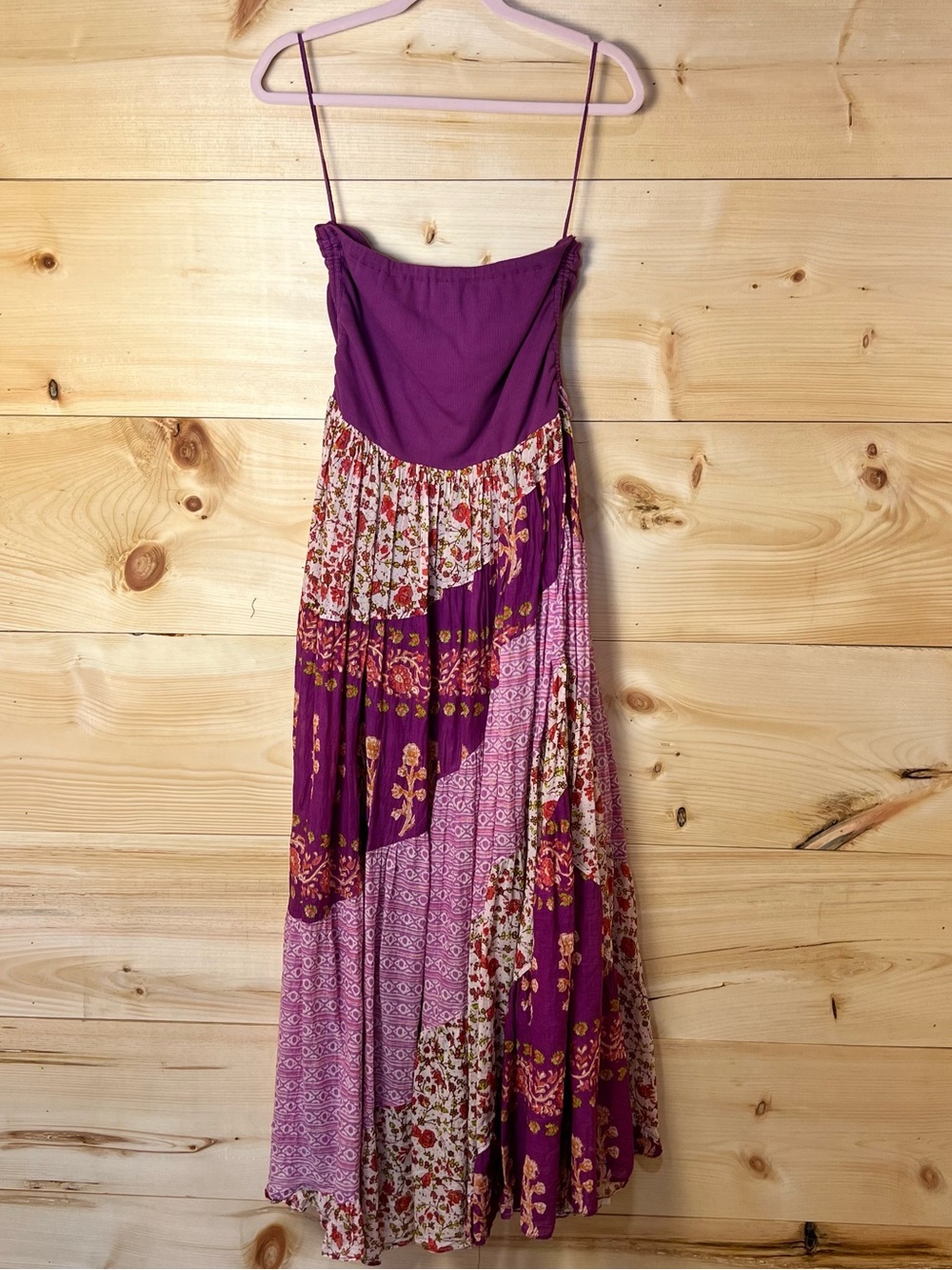 Free People Tiered Convertible Tube Maxi Dress in Purple & Pink Patchwork Boho - Picture 8 of 8